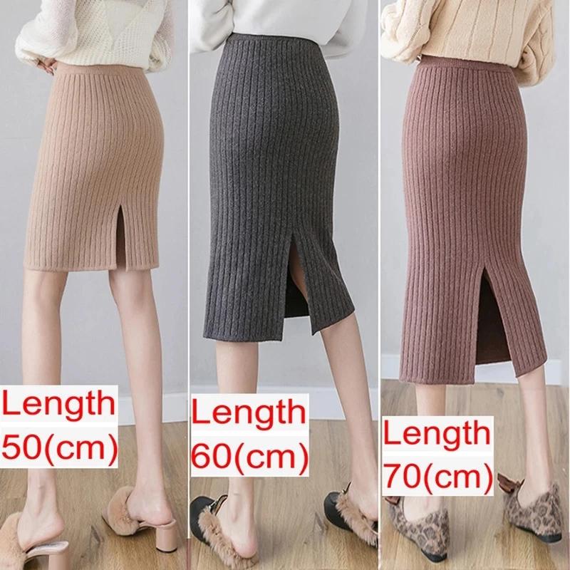 

Women Back Slit Bodycon Elegant Midi Pencil Skirt Autumn Winter Casual Knitted Skirt High Waist Skirts Womens Jupe Femme Faldas