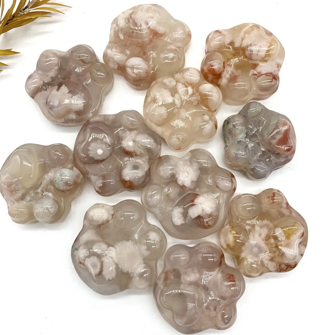 

Природный полированный Сакура вишня Агат с украшением в виде кристаллов в виде медвежьей лапы камень с лечебным действием, образцы домашни...