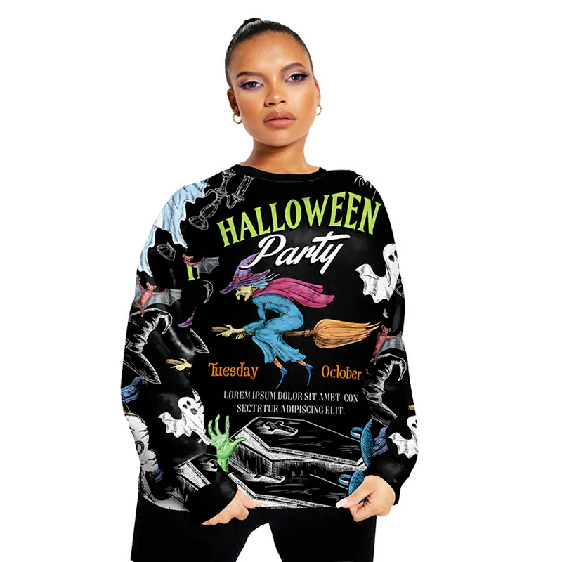 pumpkin print Halloween sweatshirt women o neck casual hoddies for teens thin autumn plus size 3XL England style fashion clothes | Женская