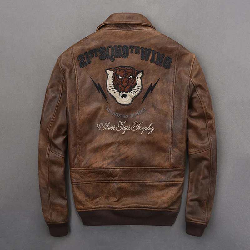 

Brown 2020 Vintage Embroidery Pilot Leather Jacket Plus Size XXXXL Genuine Cowhide Autumn Slim Fit Military Aviator Leather Coat