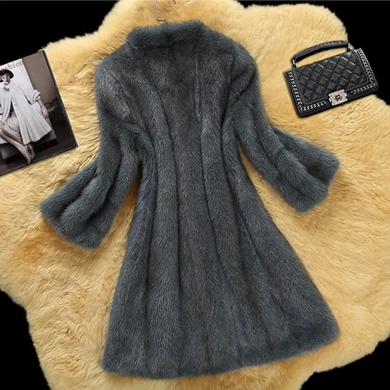 Luxury Top Brand Mink Fur Real Fur Womens Medium Length Overcoats Korean Stand Collar Nine Points Sleeve Female Outerwear Coats