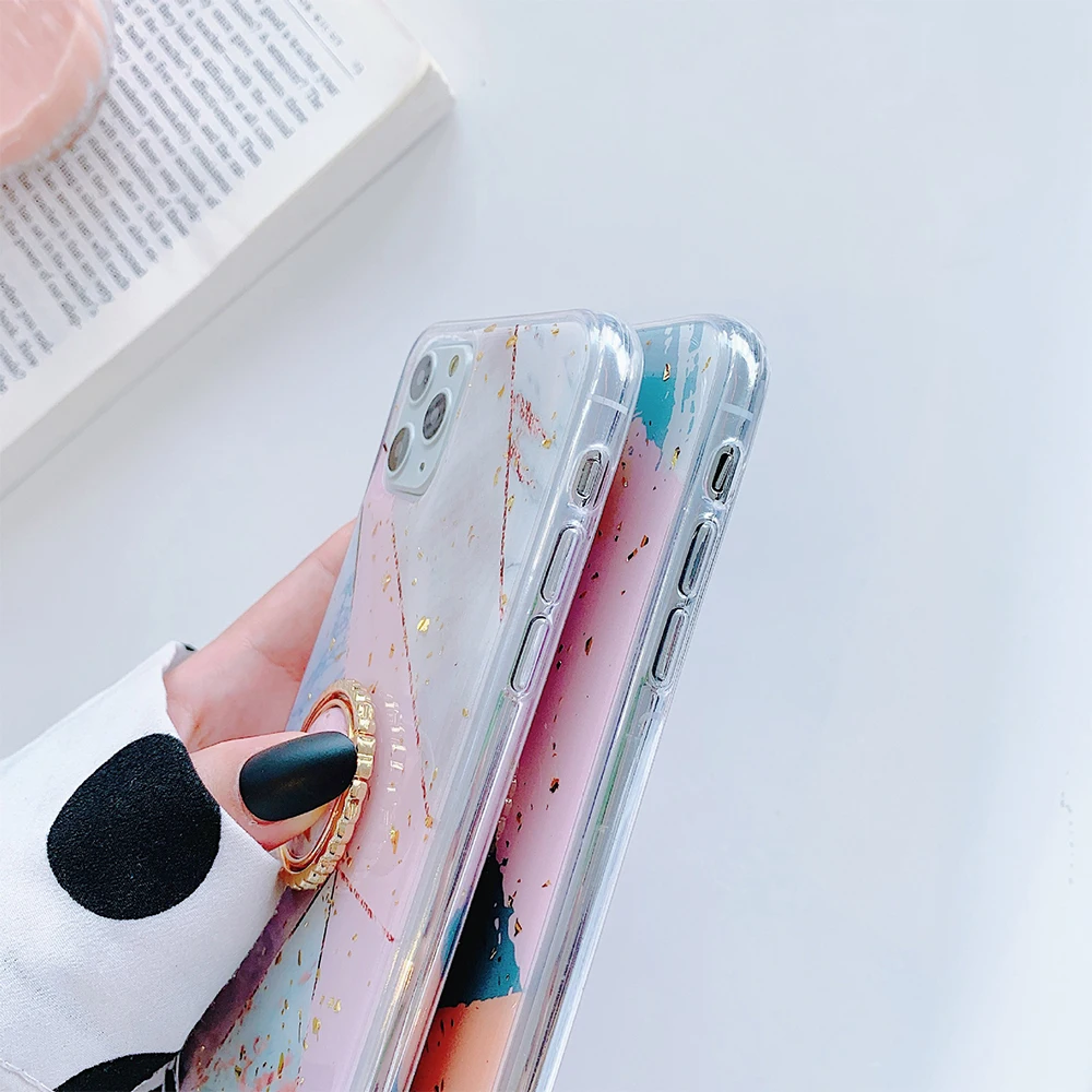 Золотая фольга геометрический чехол с держателем для iPhone 11 Pro мягкий эпоксидный