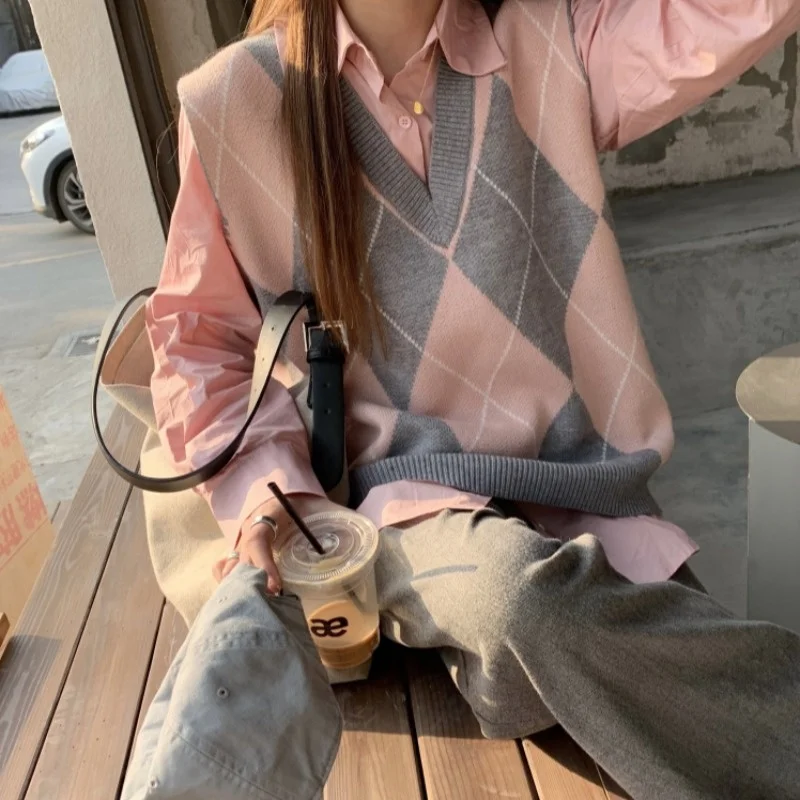 Женский вязаный кардиган в розовую клетку жилет с V-образным вырезом Осень-зима