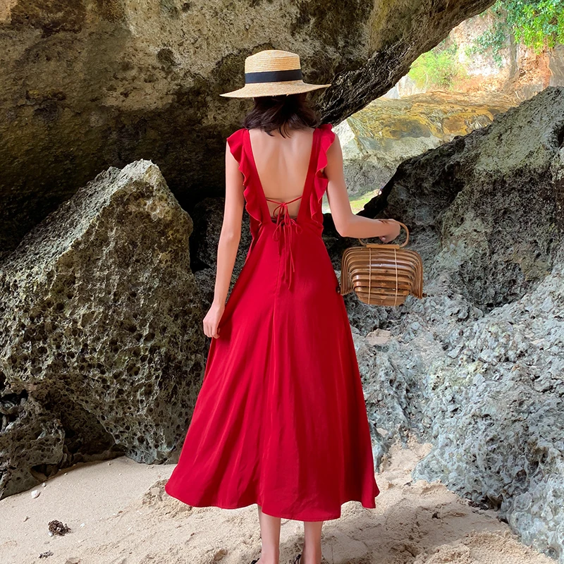 Женский летний сарафан бордового цвета длинное пляжное платье на тропических