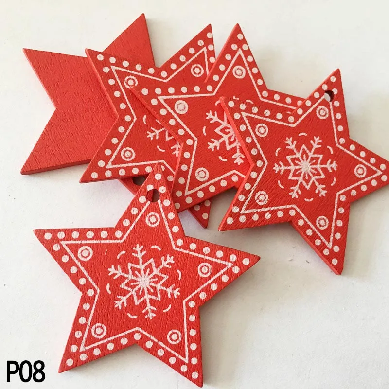 P08 10 шт., 5 см, белые, красные, деревянные рождественские украшения, звезда, сердце, Рождественская елка, подвесные Подвески для нового года, Рождества, украшения для дома, вечерние - Цвет: P08