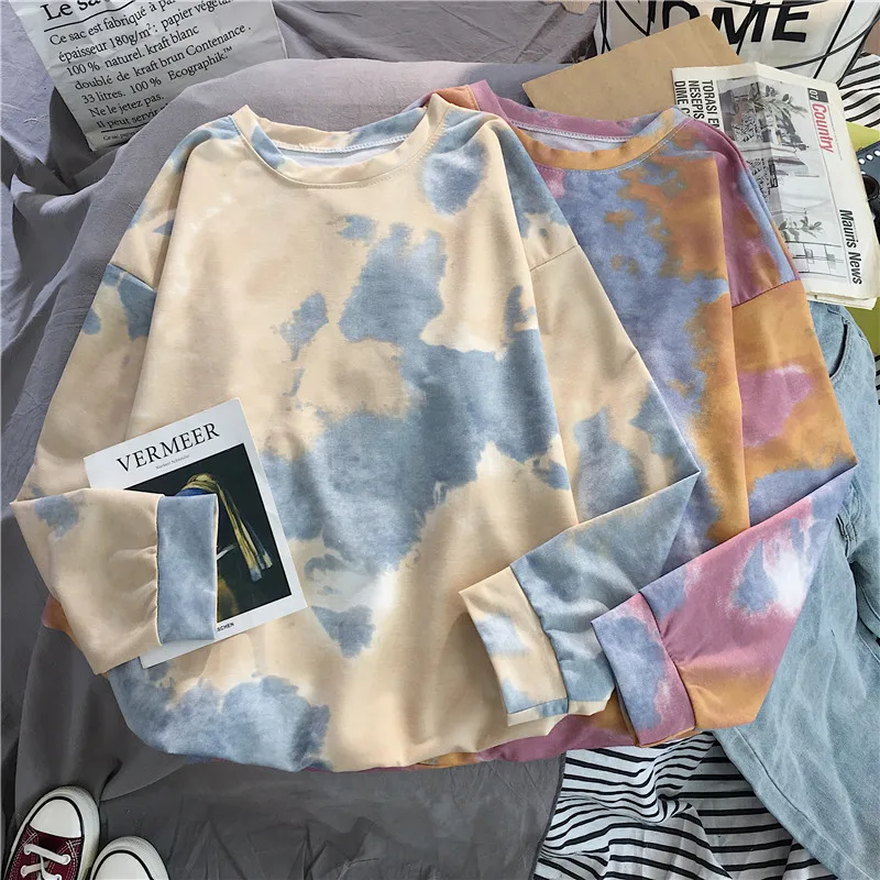 Shellsuning Tie Dye Нижняя футболка весна Harajuku уличная свободная одежда футболка с длинным рукавом Женский мягкий пуловер с круглым вырезом топы