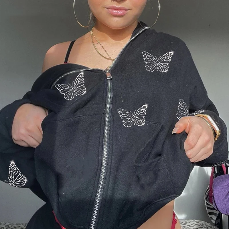 

Women Butterfly Diamond Zip Up Korean Sweatshirt Jacket Long Sleeve Hood Pullovers clothes streetwear cardigan Black Y2K Hoodies