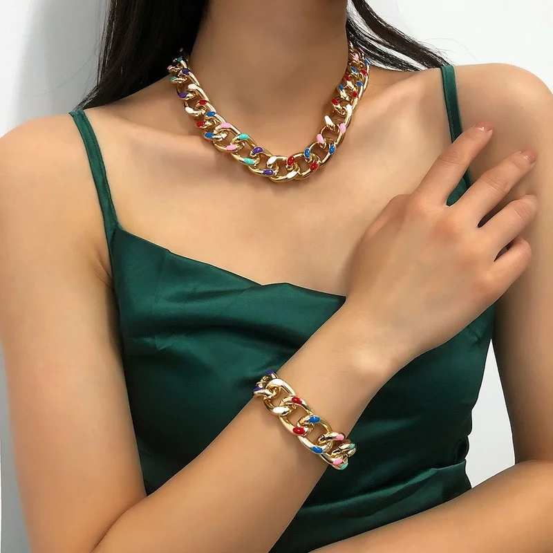 

Fashion Personality Punk Style Thick Metal Chain Simple Temperament Versatile Color Necklace Bracelet Gift