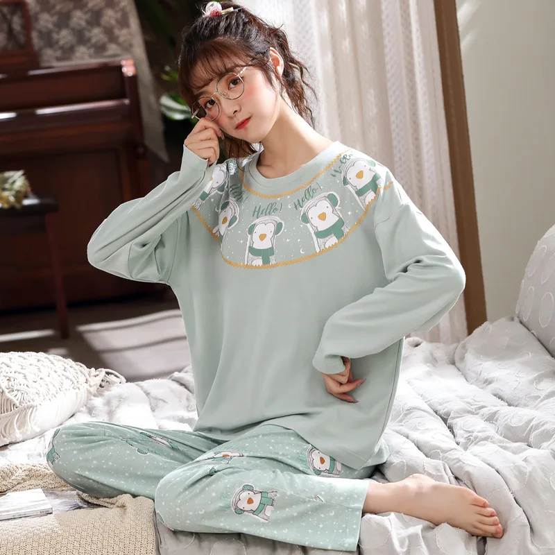 Pajamas Women's Spring Autumn Long Sleeve Nightwear Suit Cartoon Knitting Large Size Fashionable Household Wear Female Sleepwear