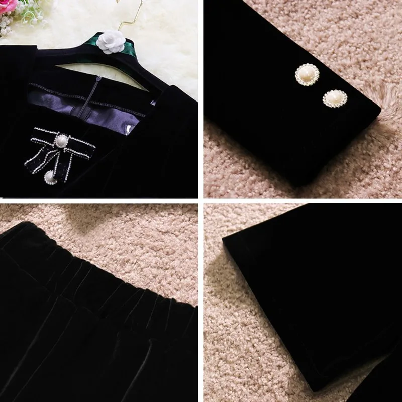 

Temperament gold velvet suit 2020 winter new style square collar ruffled top wide leg shorts two-piece female