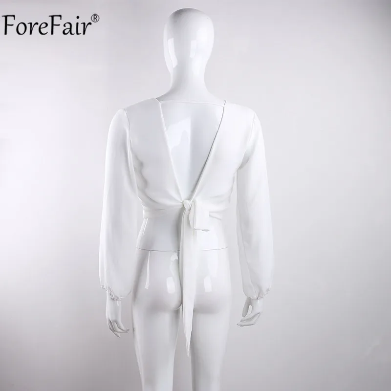 Forefair, открытая спина, v-образный вырез, белая сексуальная блузка, женская летняя рубашка с запахом, длинный рукав, шифон, Женские топы и блузки