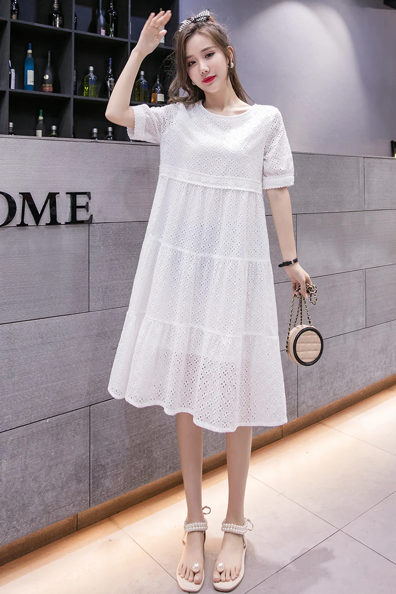 

1730# 2021 Summer Chic Ins Cotton Lace Maternity Long Dress Hollow Out White Clothes for Pregnant Women Fashion Pregnancy Dress