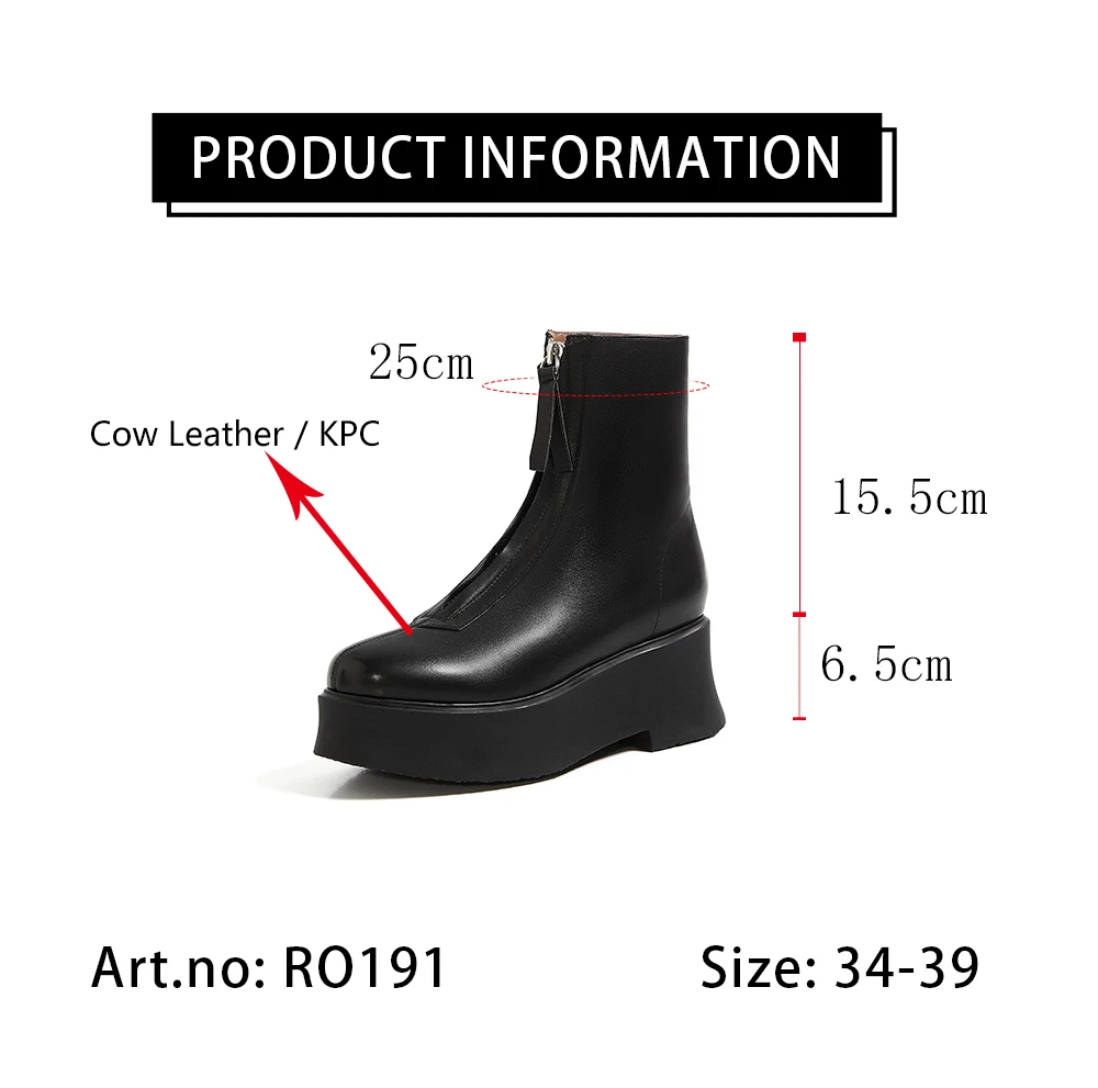 

RJN New Stylish Ankle Boots High Quality Genuine Leather Round Toe Zipper Women Shoes Comfortable Platform Boots RO191