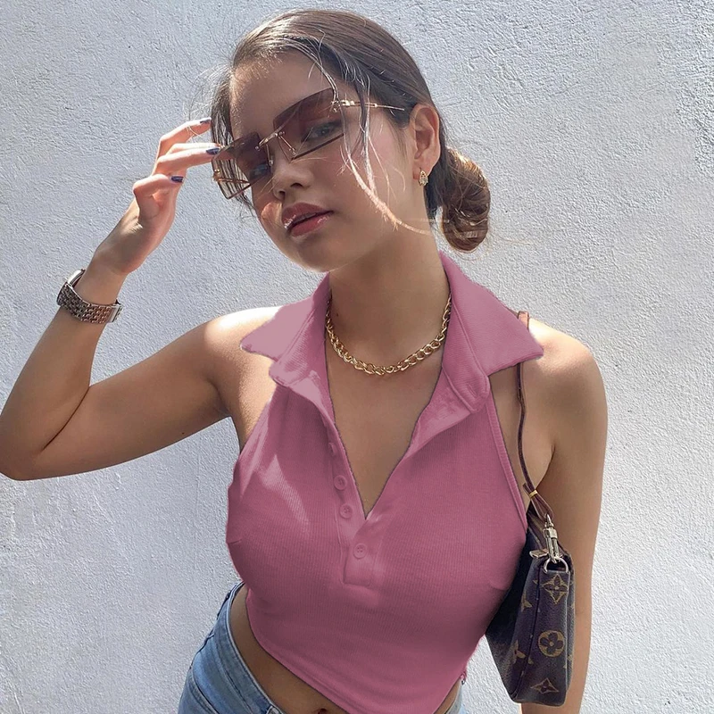 Женский укороченный топ с открытой спиной розовая/белая однобортная футболка