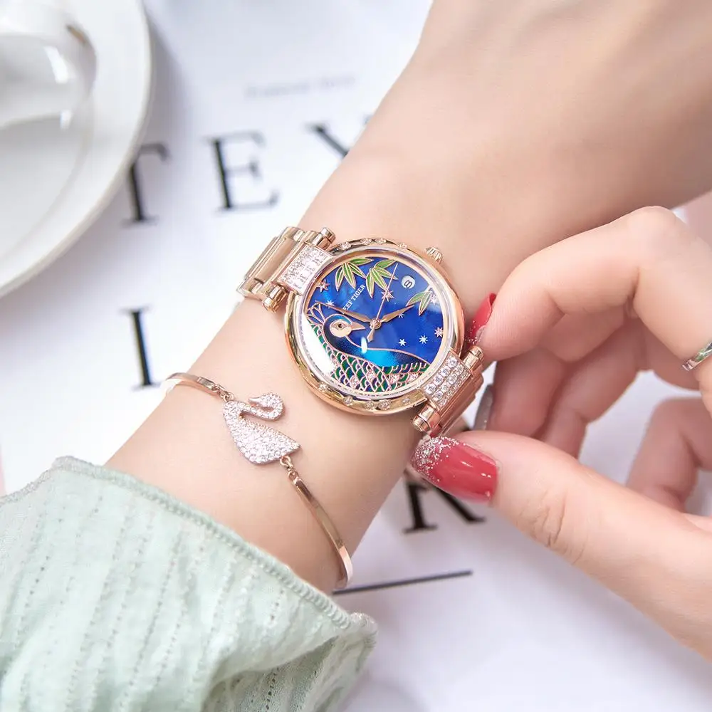 Reef Tiger/RT Top Brand Luxury Women Watch Rose Gold Bracelet Automatic Mechanical Shell Watches Clock RGA1587 enlarge