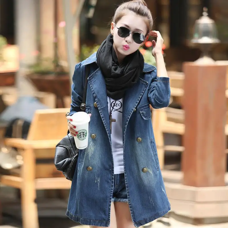 2019 New fashion denim jacket women a-line Double-breasted medium long jeans jackets ladies plus size 3XL casual clothes | Женская