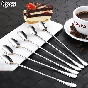 6pcs Household Stainless Steel Ice Tea Milkshake Coffee Soup Multi-Purpose Spoon 19.5*2.8cm Kitchen Tools Gadgets Accessories