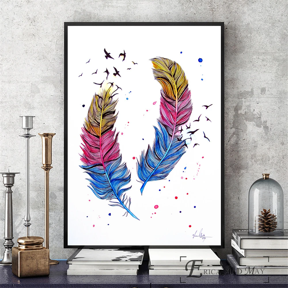 

Twin Feathers Watercolor Vintage Poster Prints Oil Painting On Canvas Wall Art Murals Pictures For Living Room Decoration