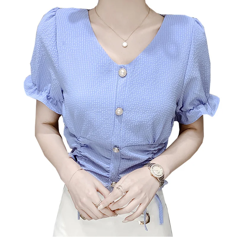 

French foam sleeve chic top summer waist drawstring design minority shirt women Chiffon short shirt fashion