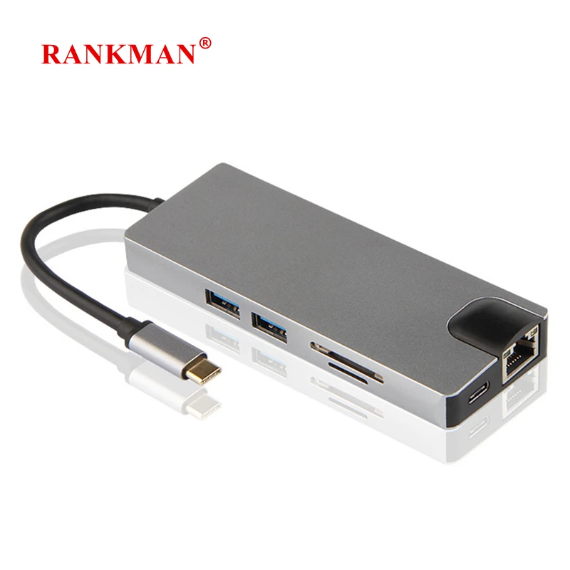 

Rankman Type-C to RJ45 Ethernet 4K HDMI-compatible VGA USB C 3.0 SD TF Dock Hub for MacBook Samsung S20 Dex Xiaomi 11 TV PS5