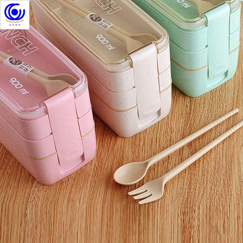 900ml Healthy Material Lunch Box 3 Layer Wheat Straw Bento Microwave Boxes Dinnerware Food Storage Container Lunchbox|Коробки для