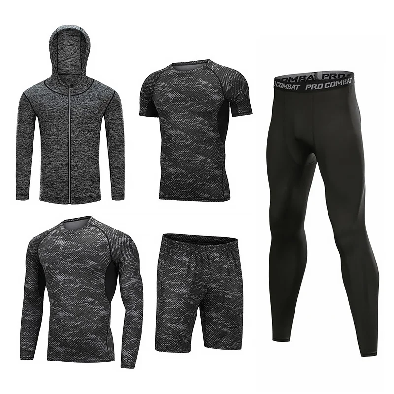 5pcs / Sets Men's Sportswear Man Rashguard Suit Male Kit MMA Compression Men's Clothing Long Sleeve T Shirt + Workout Leggings