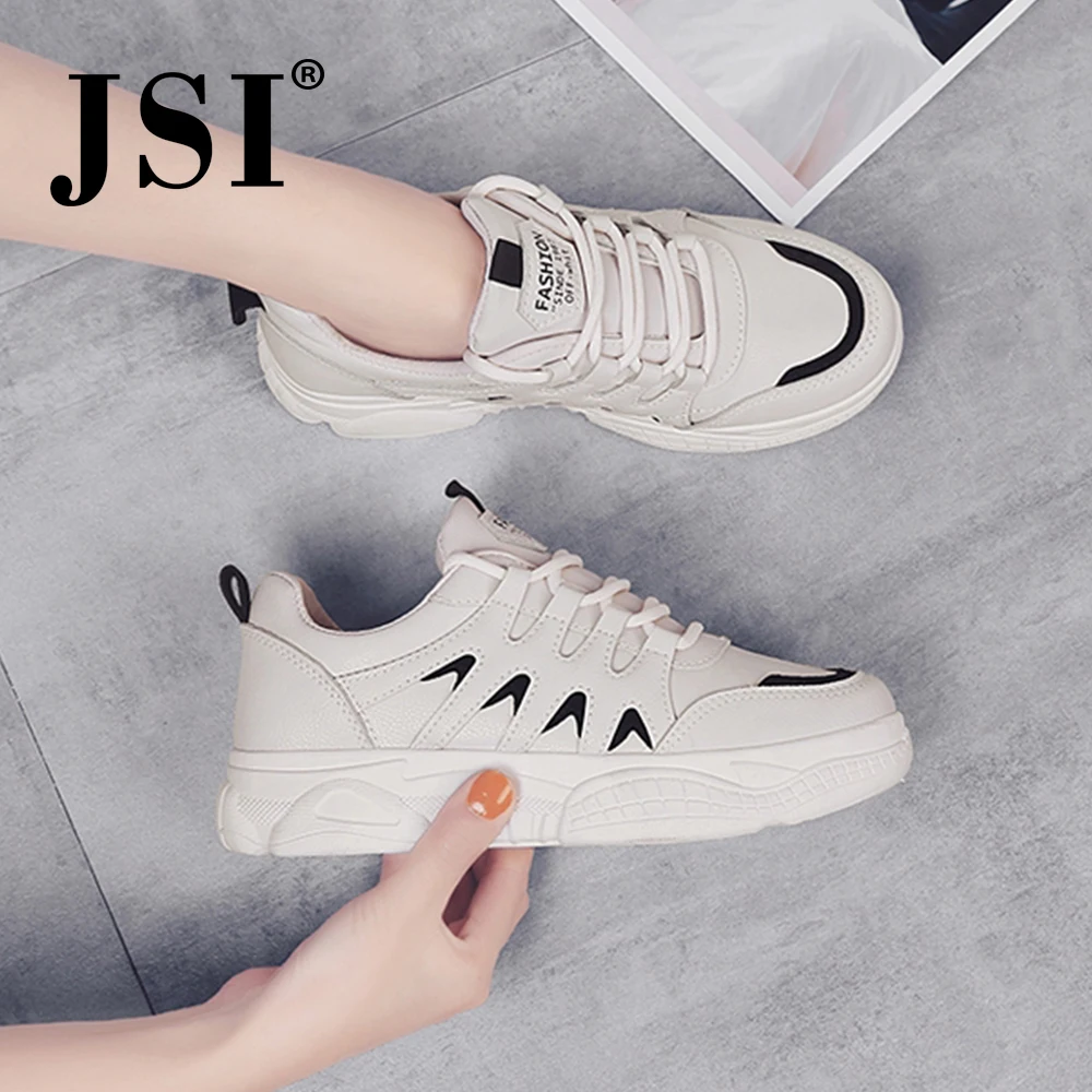 JSI/Новые Модные Женские Кроссовки из Натуральной Кожи Разноцветные Туфли с Круглым Носком Шнурочки Удобные Ботинки Сезон Весна-осень Женские Стильные Белые Кроссовки на Плоской Подошве JO156 - Цвет: Beige and black