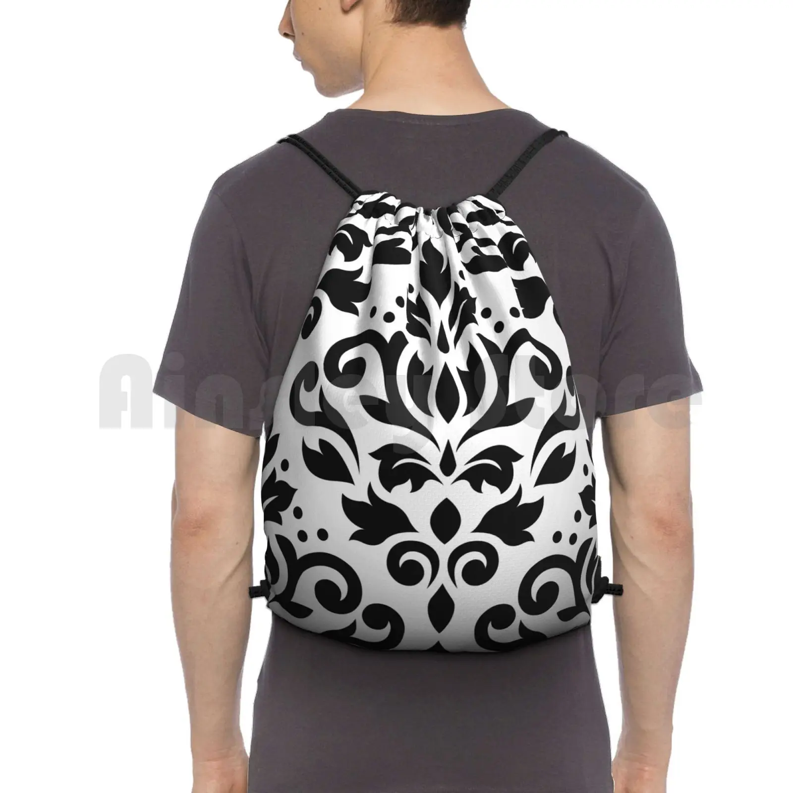 

Scroll Damask Large Pattern Black On White Backpack Drawstring Bag Riding Climbing Gym Bag Black And White Monochrome Damask