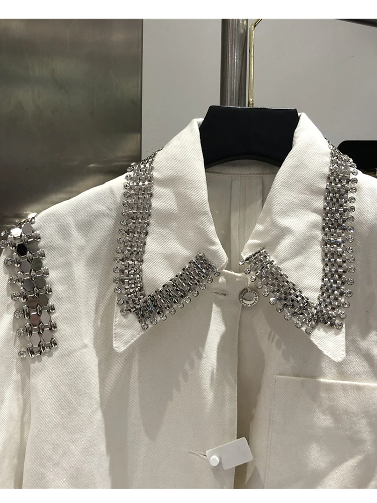 

Free shipping Heavy craft Beading Lapel Long loose Denim jacket Ladies autumn new style Personality Fashion Pure color all-match