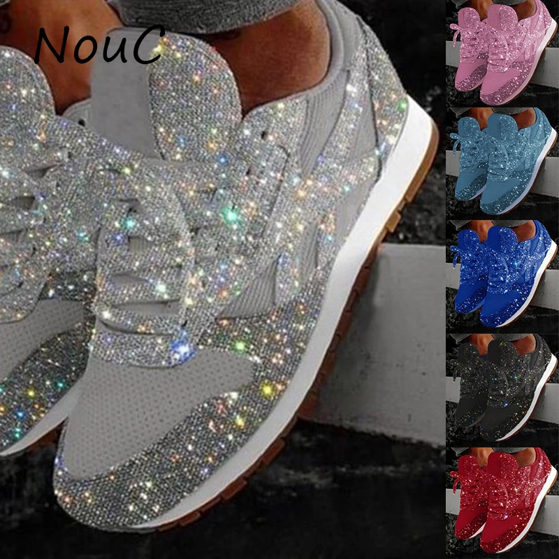 Кроссовки женские на платформе модная повседневная обувь с кристаллами шнуровке