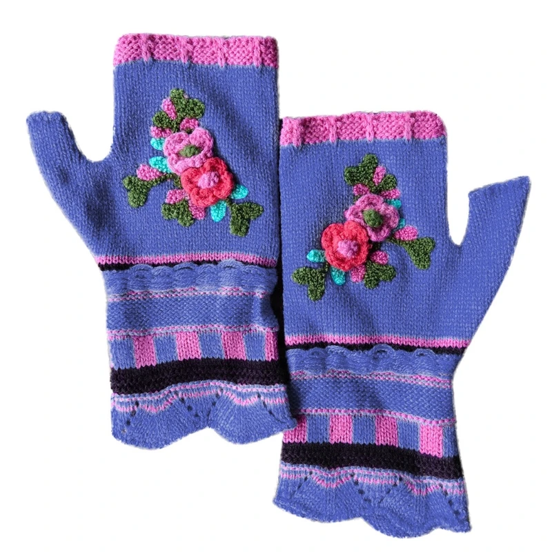 

Women Multicolor Jacquard Crochet Floral Fingerless Gloves Knitted Half Finger Texting Mittens Thumb Hole Arm Warmers
