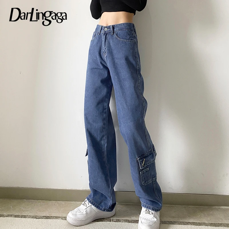 

Брюки-карго женские прямые с завышенной талией и карманами