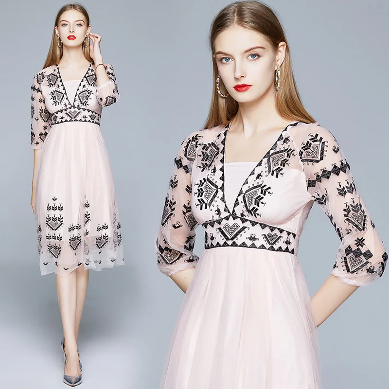 

Simgent Summer Dress For Women 2021 Embroidery A Line V-Neck Elegant Mesh Dress Vestidos Woman Clothing Robe Femme SG12281