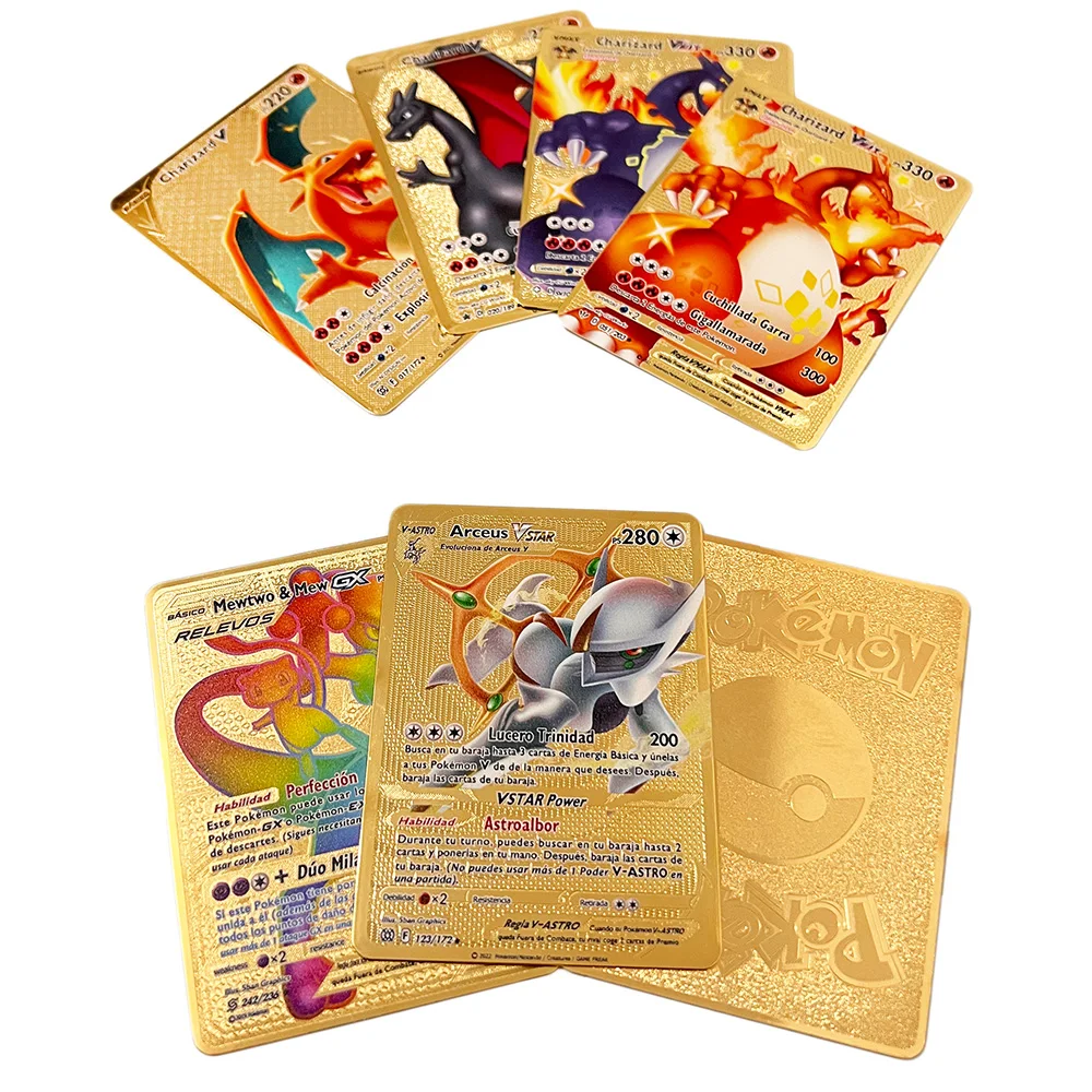 Испанские Pokemon металлическая карта Vmax Пикачу Чаризард Золотой Карты