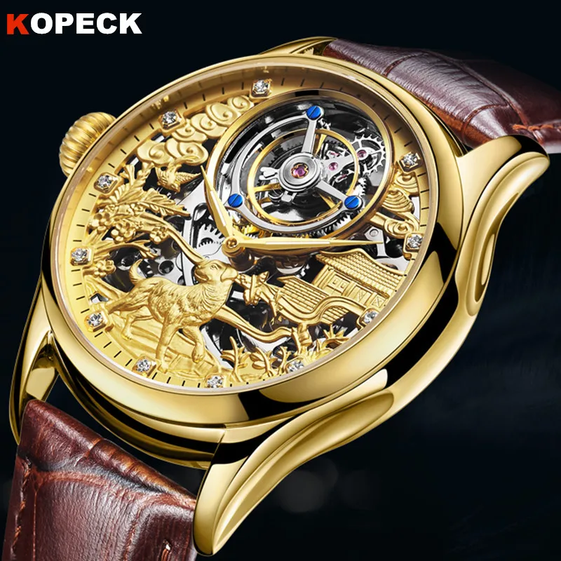 Kopeck, мужские часы, Tourbillon, скелет, механические часы, Сапфировая кожа,, Роскошные,, бренд, собака, Relogio Masculino