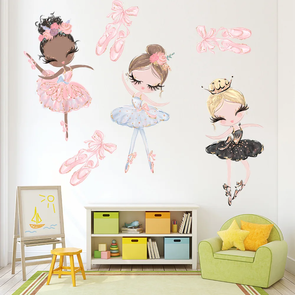 Fairy Ballet Girl Wall Stickers for Kids Girls Room Bedroom Decor Cute Cartoon Princess Nursery Wallpaper Baby Room Decoartion