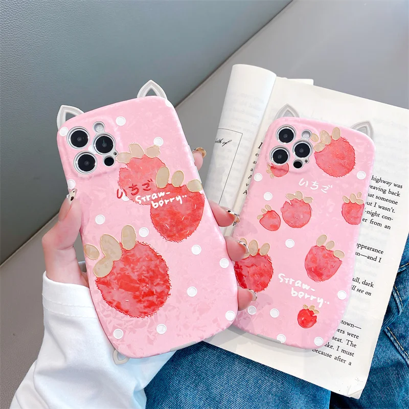 

Ear Strawberry relief shell pattern Leather Cover For iPhone 12 13 11 Pro Max X XR XS Max 7 Plus Back Case Silicone Luxury