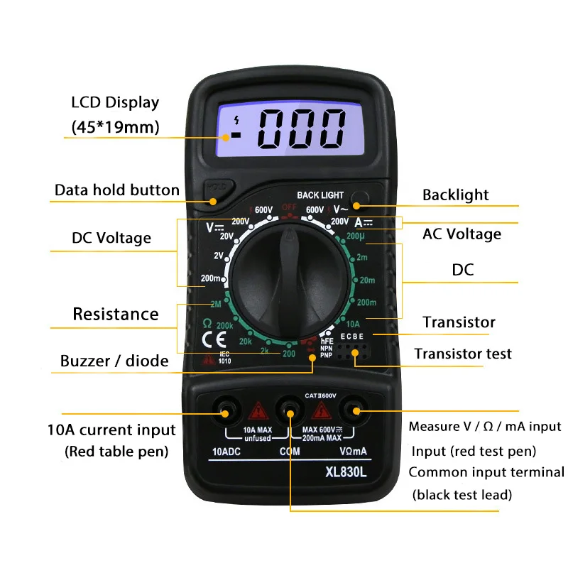 Мультиметр цифровой бытовой малогабаритный SHWNG с портативным зуммером, подсветкой и защитой от перегрева, высокой точности на.