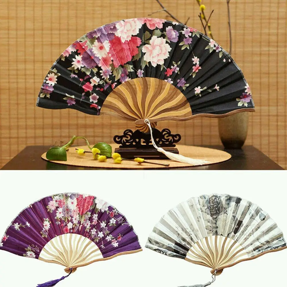 

1Pc Vintage Silk Folding Fan Retro Chinese Japanese Bamboo Folding Fan Tassel Dance Hand Fan Home Decoration Ornament Craft Gift