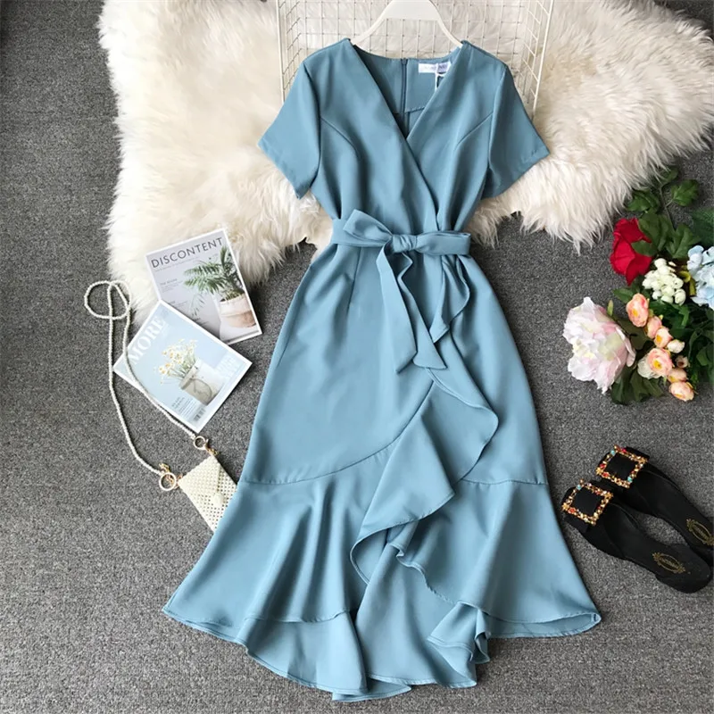 Женское платье с V-образным вырезом коротким рукавом и высокой талией | Женская