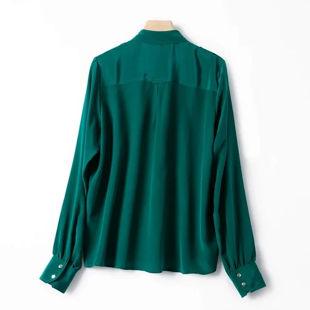 100% шелк мягкая женская OL Блузка с длинным рукавом белая зеленая рубашка