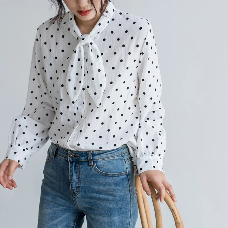 BGTEEVER Casual Bow Collar Dots Print Women Shirts Full Sleeve Single-breasted Female Shirt Blouses 2019 Tops Femme | Женская одежда