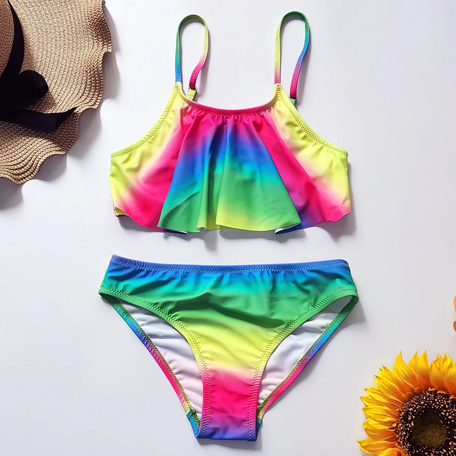 

6-16 Years Girl Swimsuit Kids Teenage Girl Bikini Set Falbala Two Piece Children's Swimwear Rainbow Girls Bathing Suit Beachwear