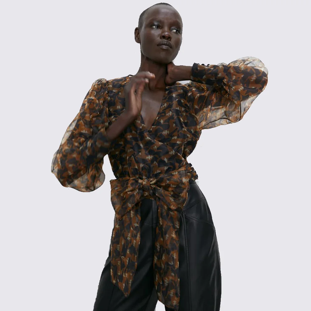 ZA 2019 Осень Зима Новая принтованная шифоновая рубашка с длинным рукавом модная