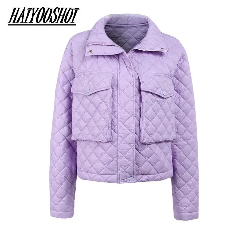 Parkas Women Zipper Fashion Simple Argyle Women Elegant Turn Down Collar Solid Cotton Jackets Female Ladies