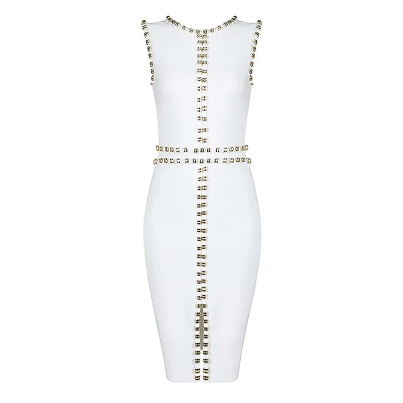 

PYJTRL Women Sleeveless Bandage Dress Sexy Front Split Celebrity Party Elegant Bodycon Midi Dress