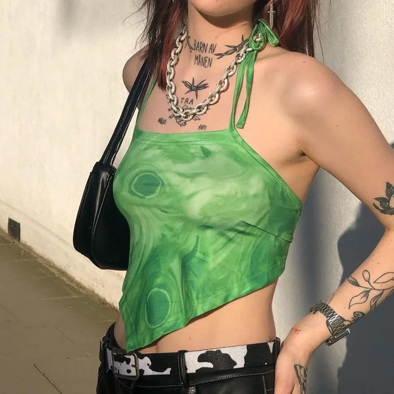 

2021 Summer Ladies Halter Crop Cami Tops, Sleeveless Backless Tie-dye Print Hanky Hem Camisole