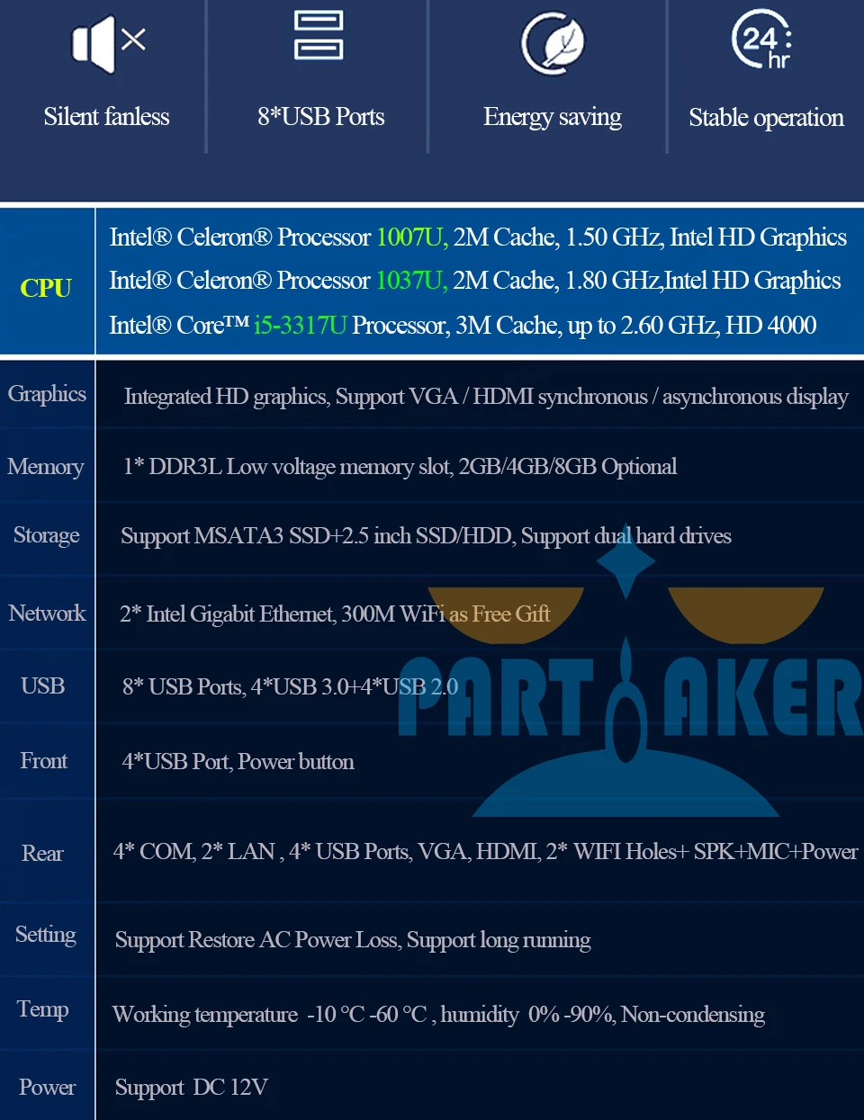 Причастником промышленного безвентиляторного Мини ПК Intel Celeron 1037U Core i5 3317U двухъядерный двойной Lan 4* COM поддержка Linux Windows
