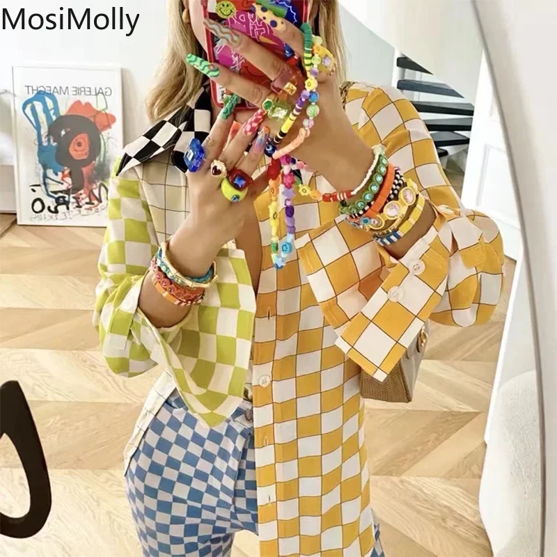 

MosiMolly 2021 Модные клетчатые блузки рубашки Топы женские цветные блочные женские блузы с длинным рукавом