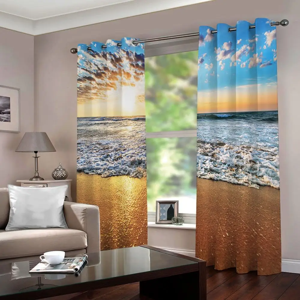 

European Style 3D Curtain Blackout beach scenery design Curtains For Window Kitchen Door 3D Printing Drapes Cortinas